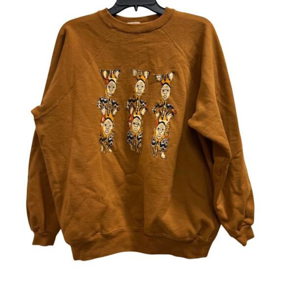 Hanes Brown upcycled quilted tribal African print sweatshirt SZ XL